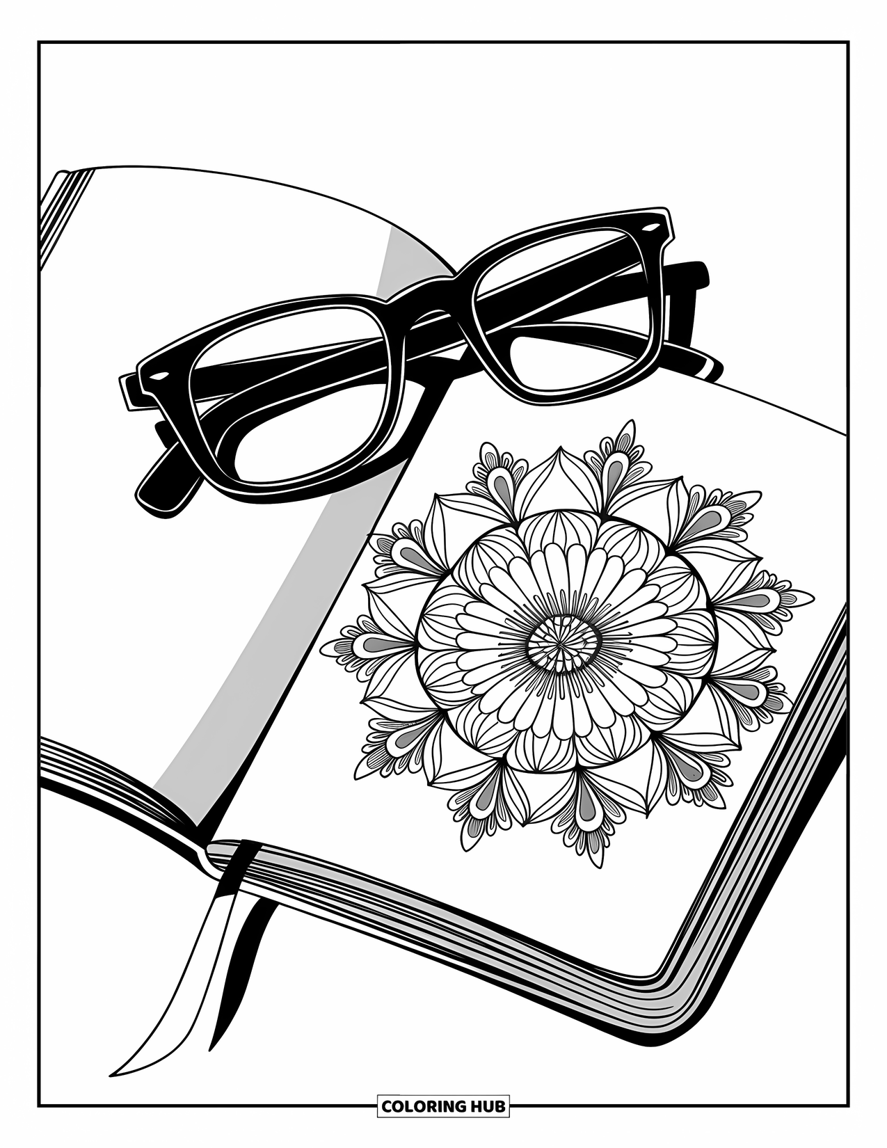 End Of School Year Coloring Page for Adults: A pair of glasses rests on a notebook with a floral mandala cover