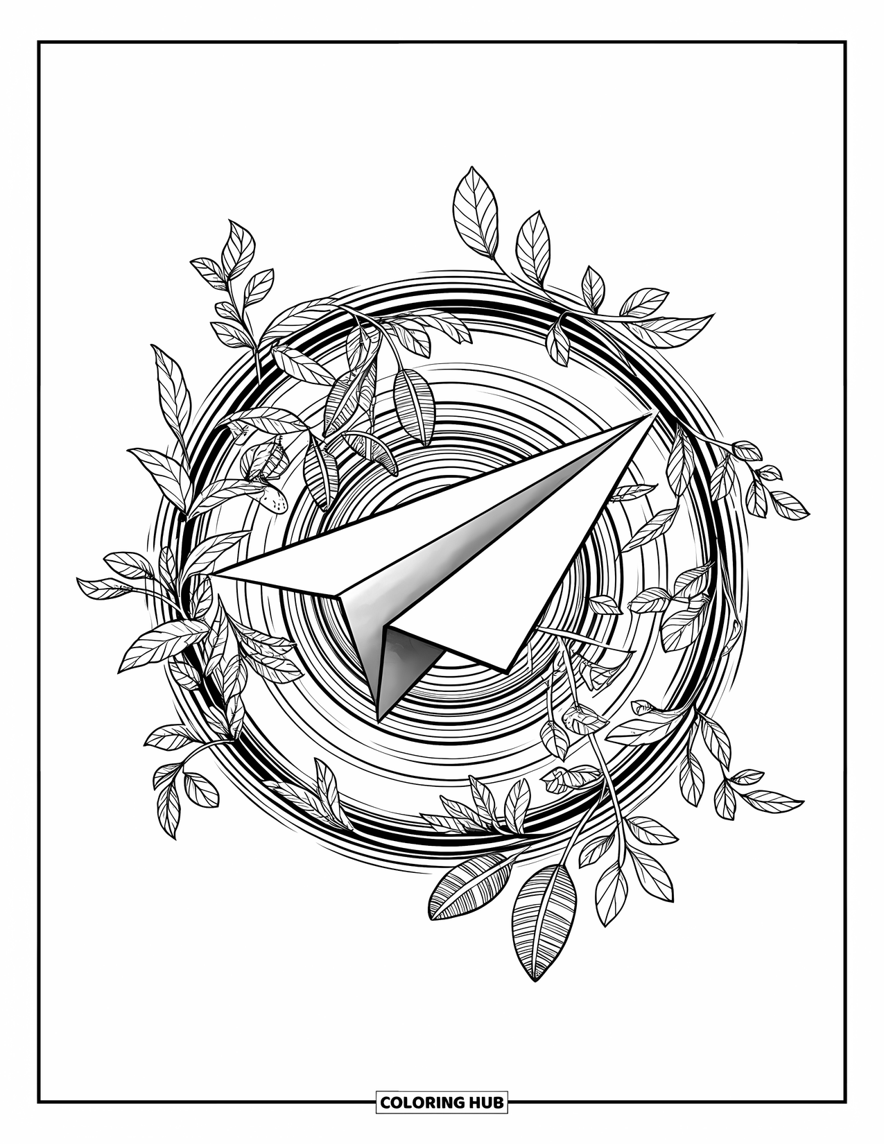 End Of School Year Coloring Page for Adults: A paper plane soars through swirling vines and patterned circles
