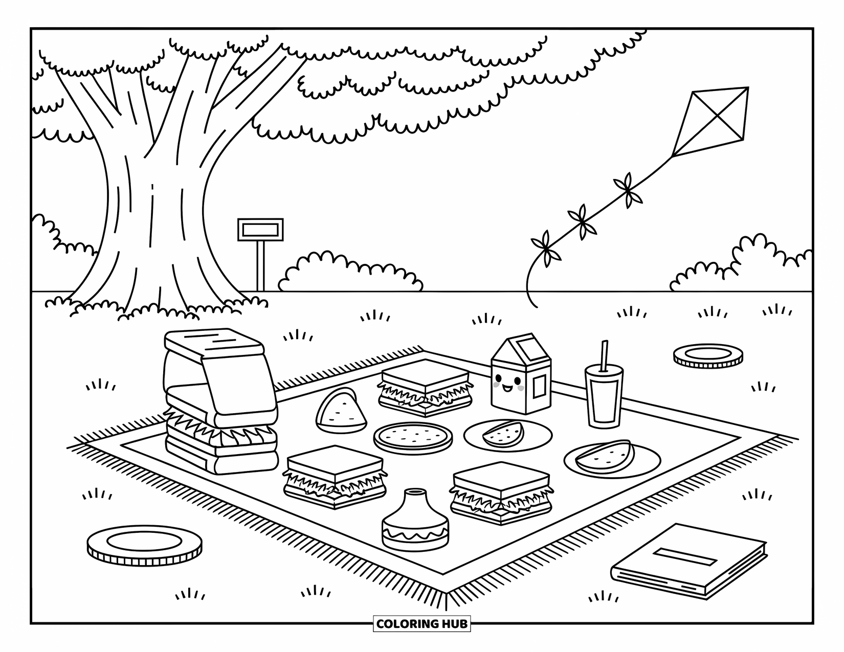 End Of School Year Coloring Page for Adults: A peaceful picnic with fruit, sandwiches, and a yearbook on soft grass