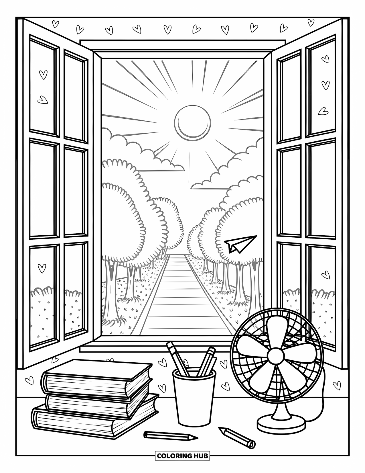 End Of School Year Coloring Page for Adults: A peaceful window view with sunshine, trees, and a paper airplane