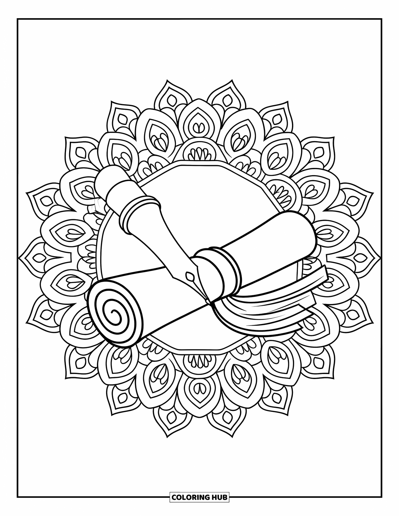 End Of School Year Coloring Page for Adults: A pen sketches a diploma inside a detailed circular mandala