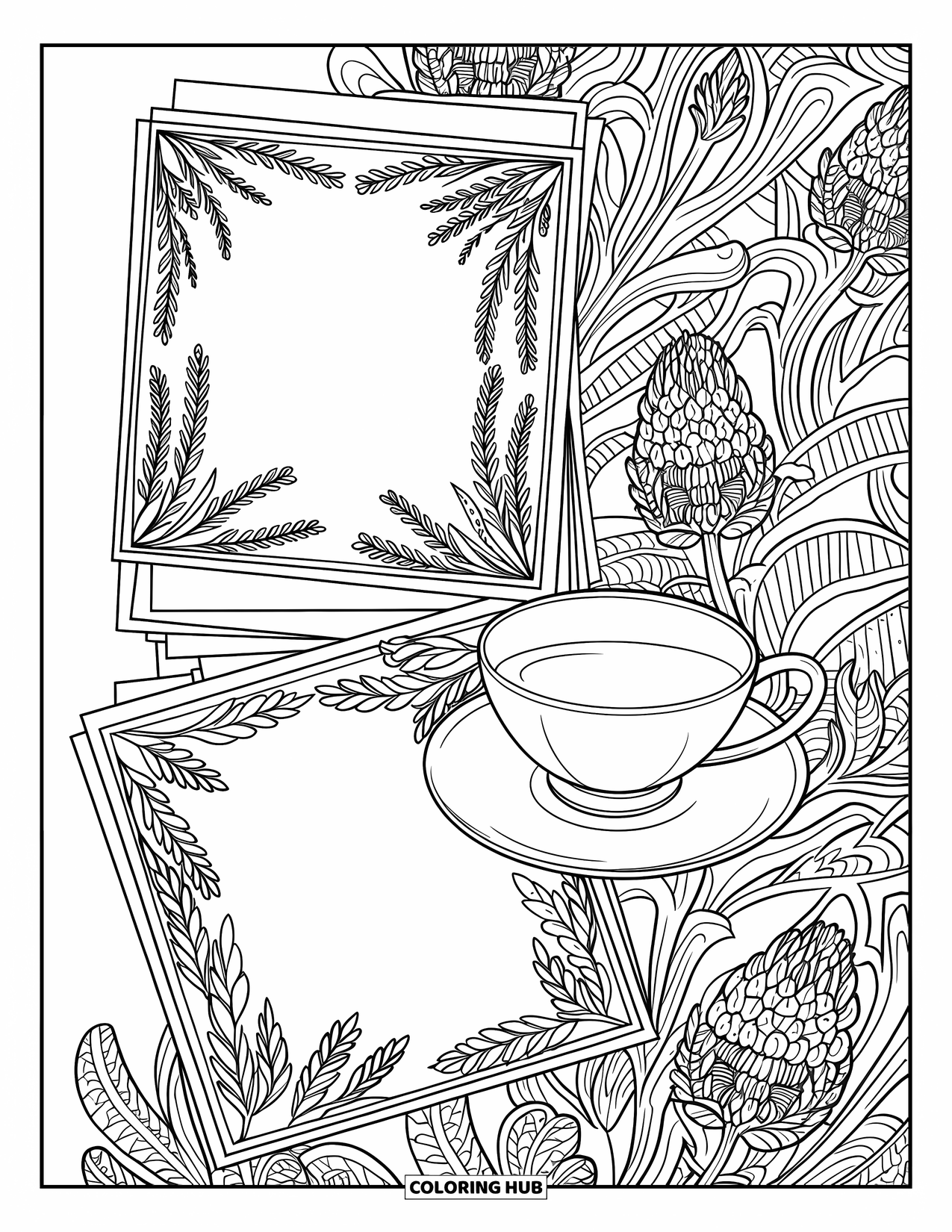 End Of School Year Coloring Page for Adults: A tea set and lesson plans surrounded by floral lavender designs
