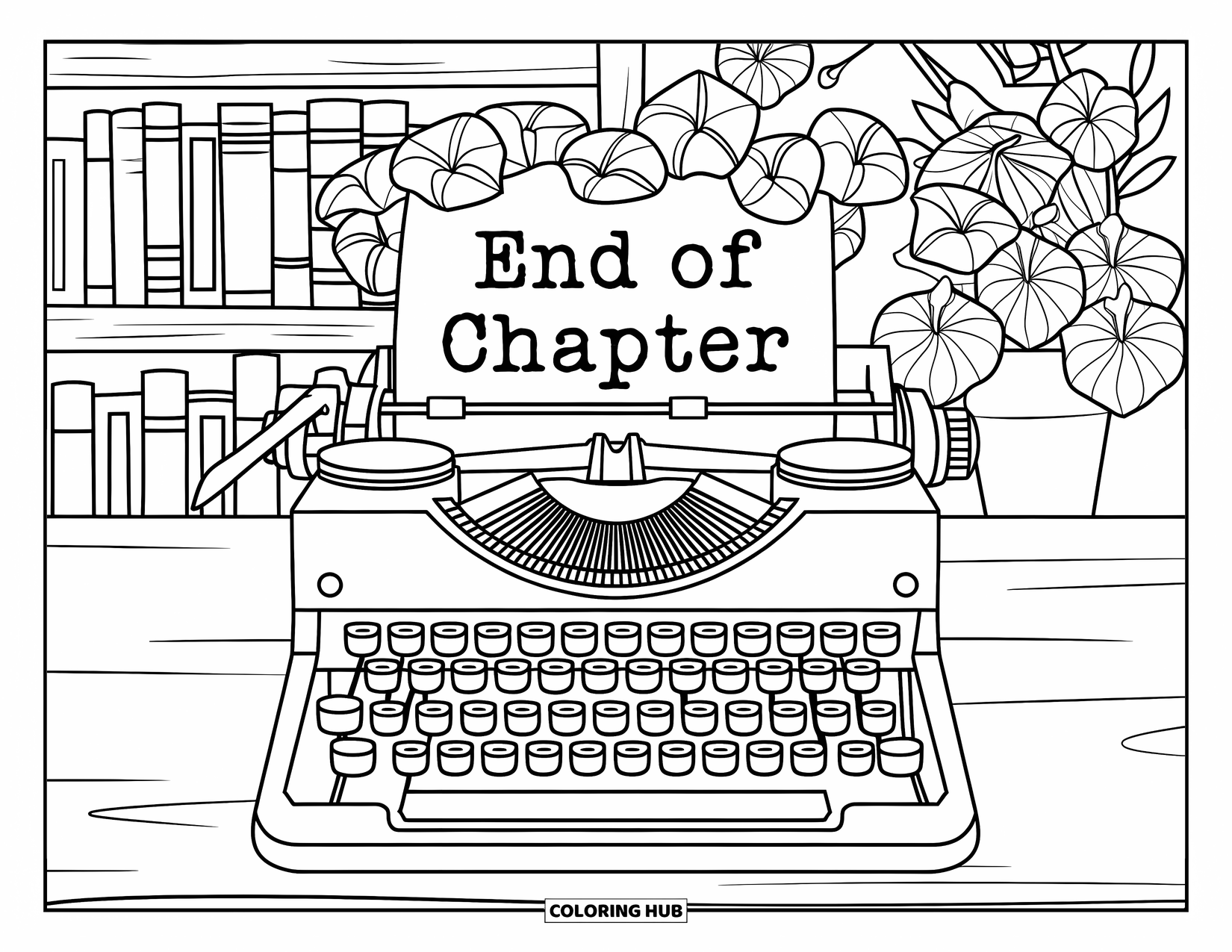 End Of School Year Coloring Page for Adults: A typewriter writes ìEnd of Chapterî beside books and a potted plant