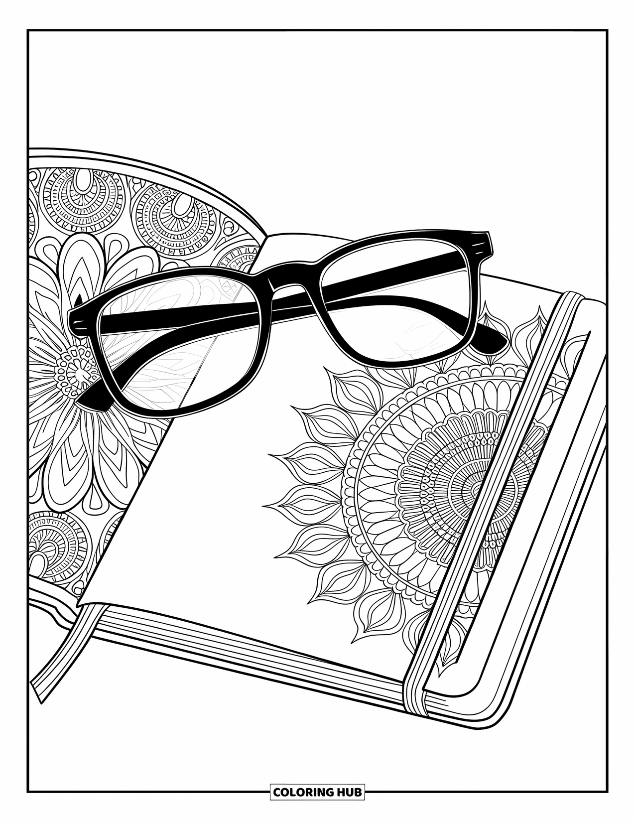 End Of School Year Coloring Page for Adults: Reading glasses sit on an open notebook surrounded by floral patterns
