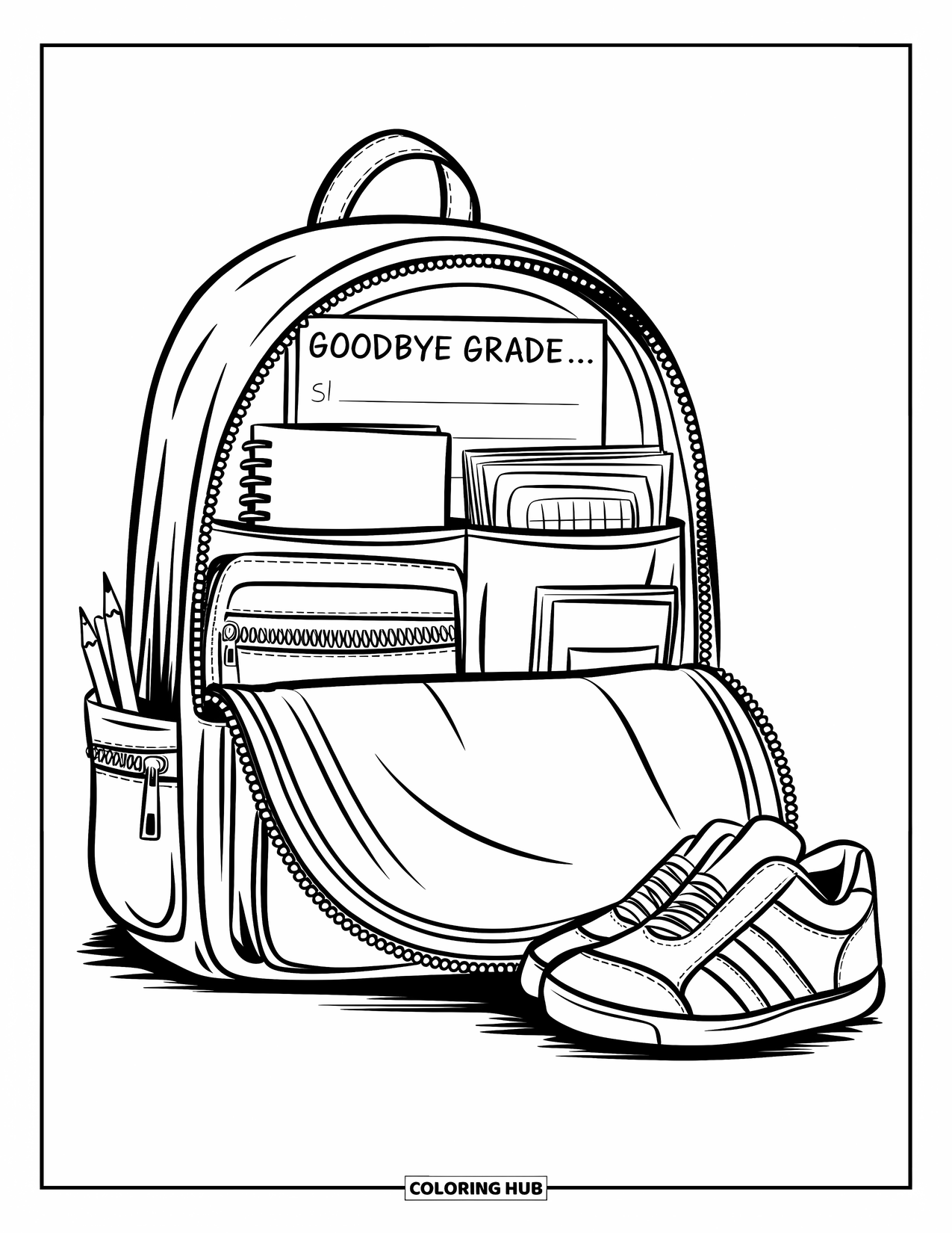 End Of School Year Coloring Page for Kids: A backpack packed for summer sits beside sneakers and a farewell sign