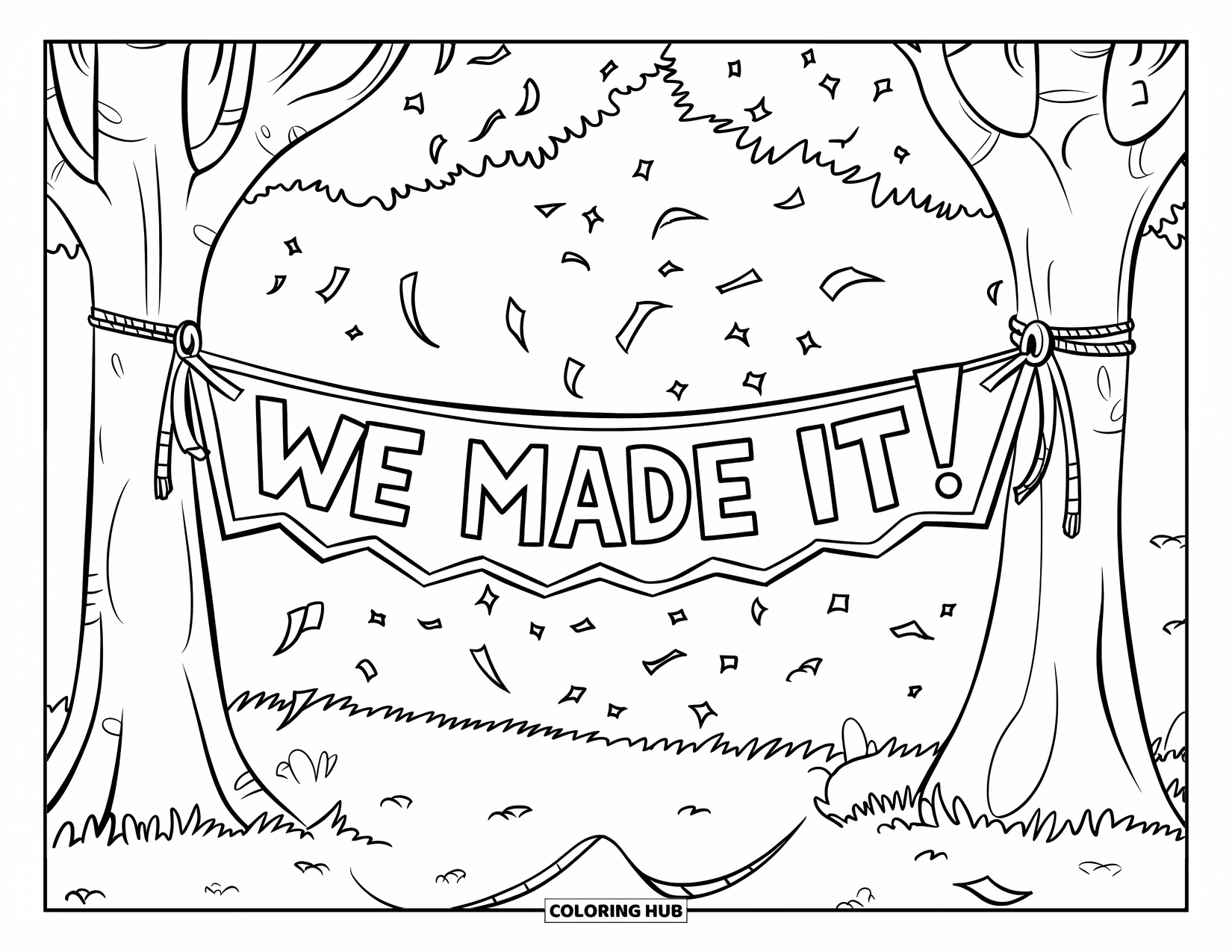 End Of School Year Coloring Page for Kids: A banner between trees reads "We Made It!" surrounded by streamers