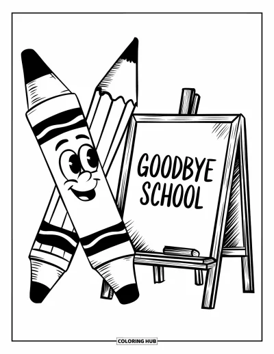 Kouluvuoden päätösvärityskuva lapsille: Iso värikynä ja lyijykynä hymyilevät "Goodbye School" -kyltin vieressä