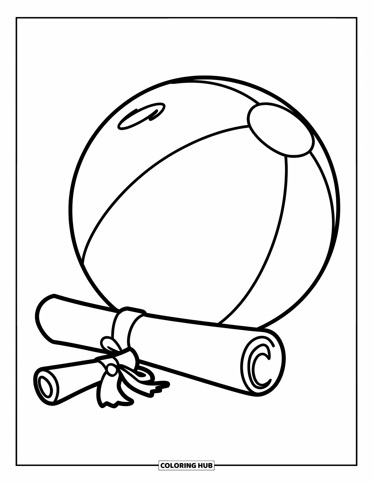 End Of School Year Coloring Page for Kids: A cheerful beach ball and diploma scene ready for summer fun