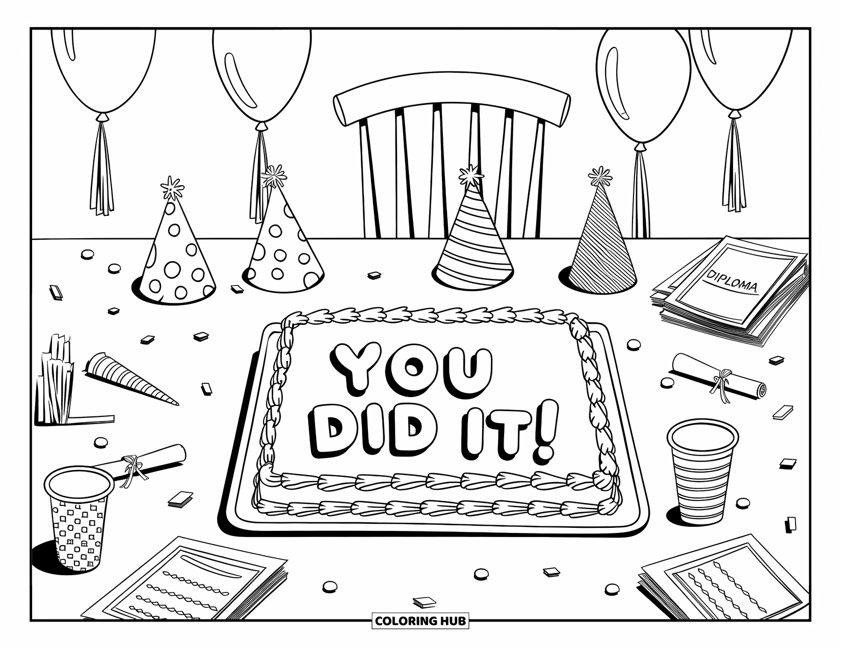 End Of School Year Coloring Page for Kids: A cheerful celebration table with sweets, hats, and colorful balloons
