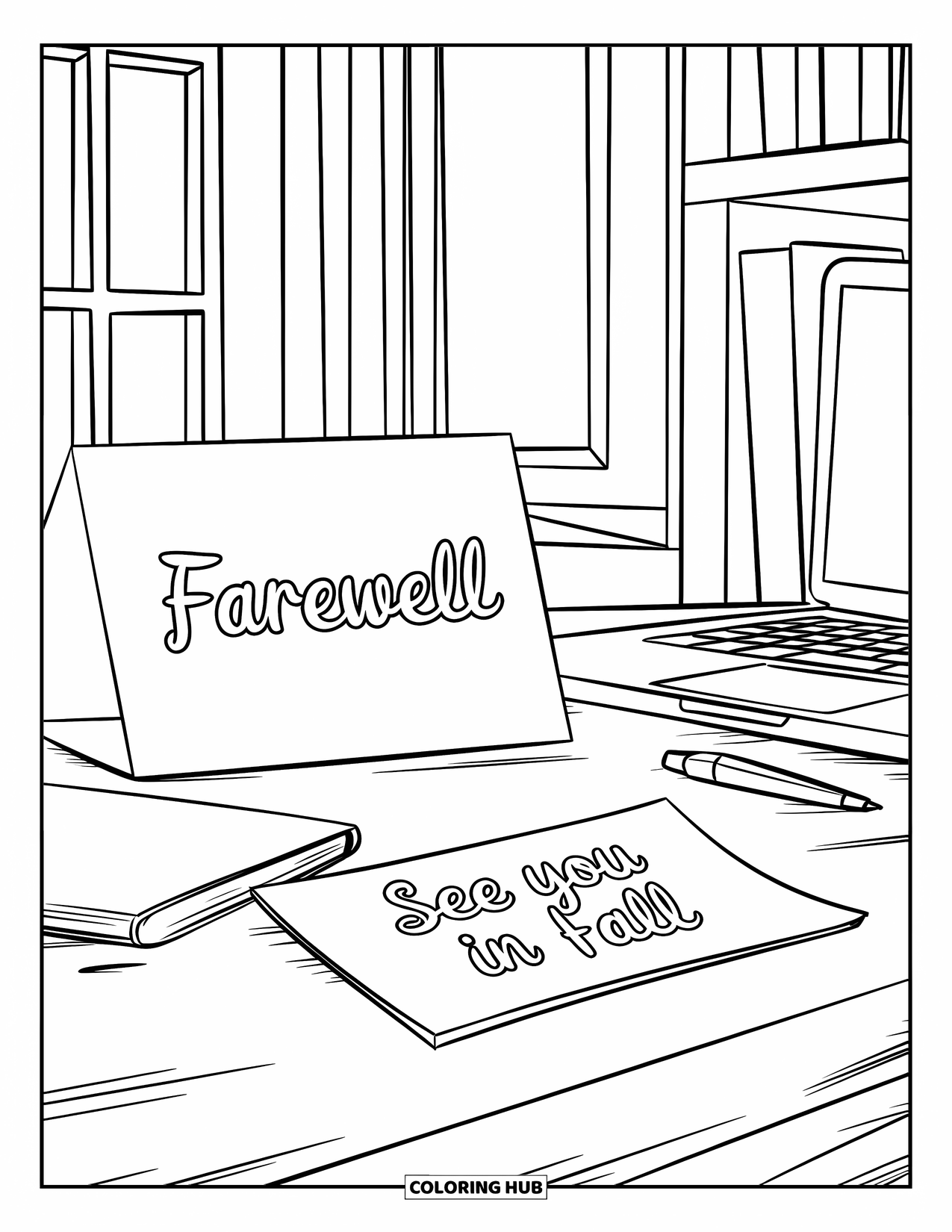 End Of School Year Coloring Page for Kids: A cheerful workspace with a laptop, card, and plant on the desk