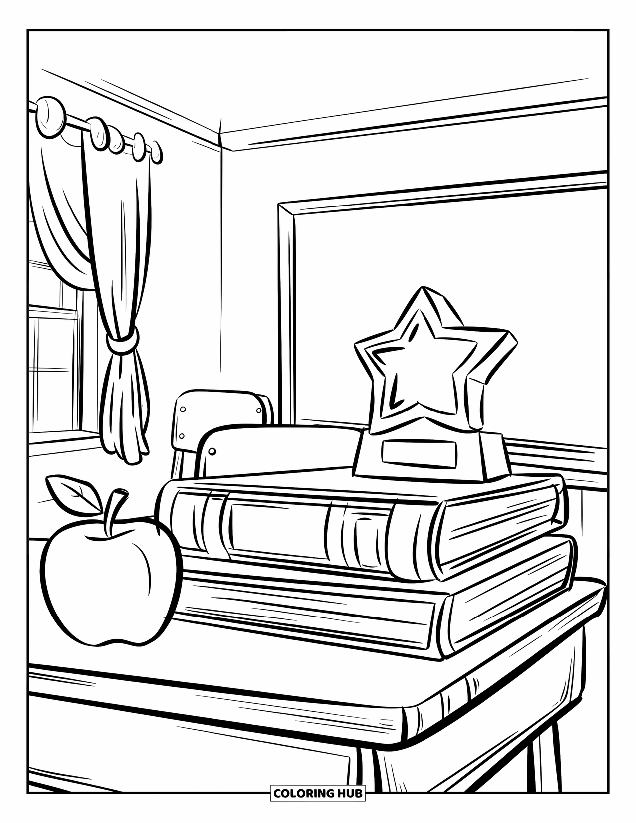 End Of School Year Coloring Page for Kids: A classroom desk with books, an apple, and an award for excellence