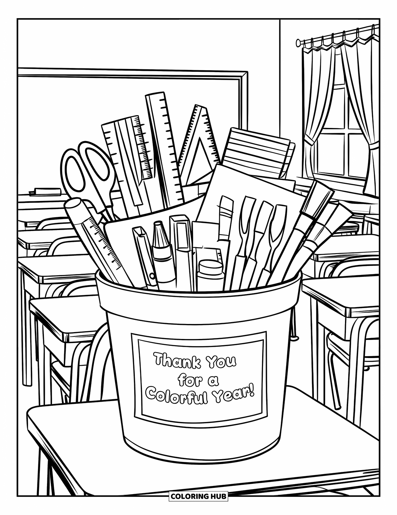 End Of School Year Coloring Page for Kids: A classroom supply bin overflowing with art materials and gratitude