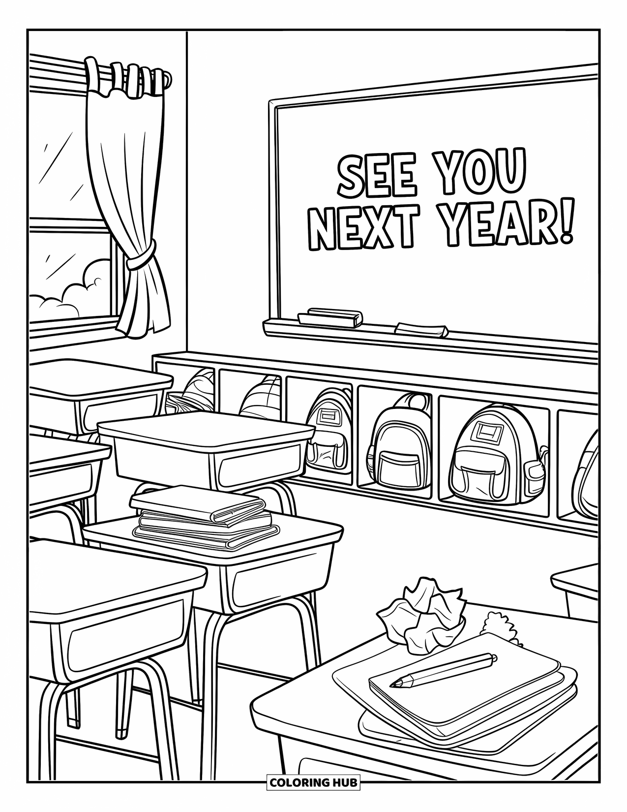 End Of School Year Coloring Page for Kids: A classroom with a "See You Next Year!" message on the chalkboard