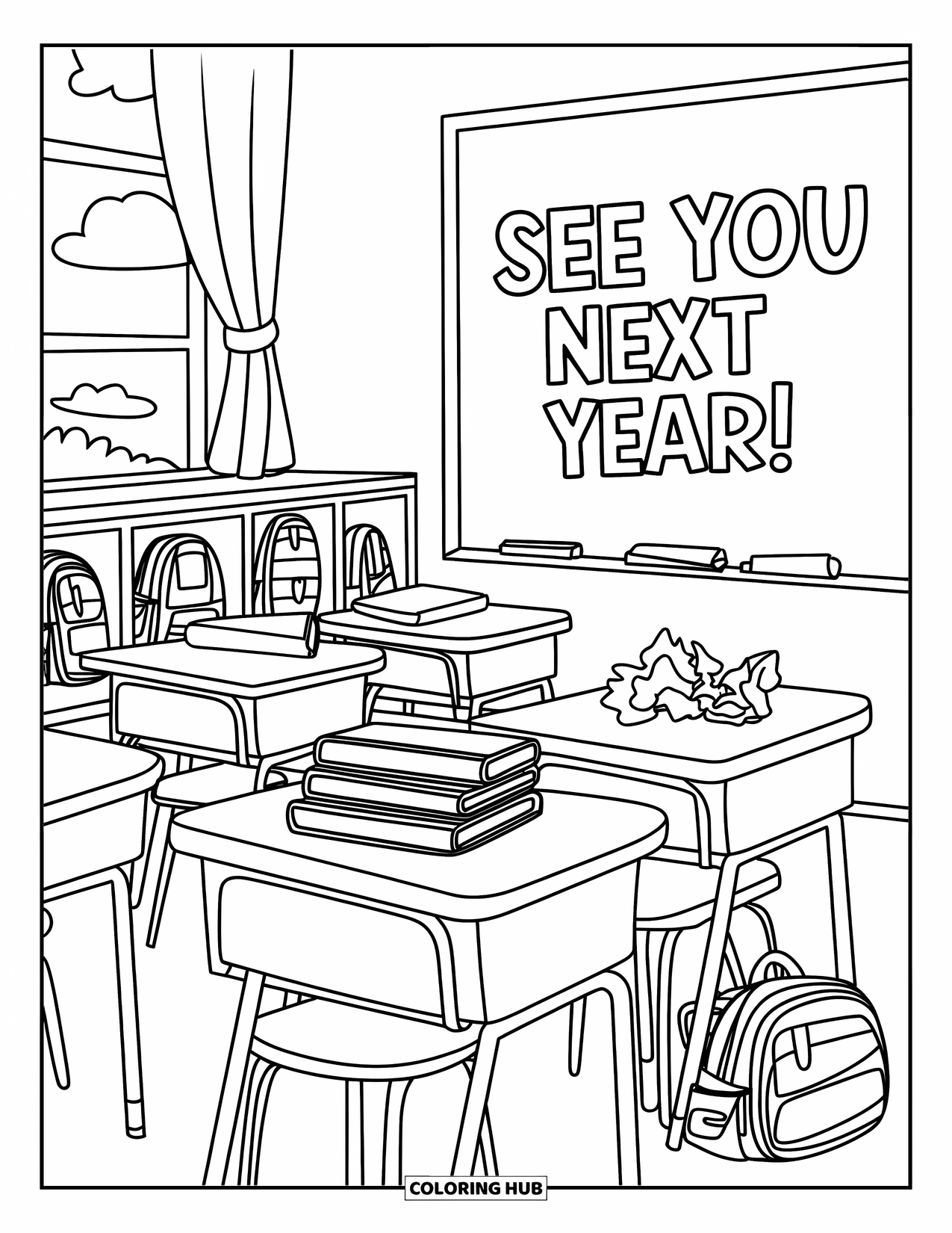 End Of School Year Coloring Page for Kids: A cozy classroom scene with desks, books, and a breezy curtain