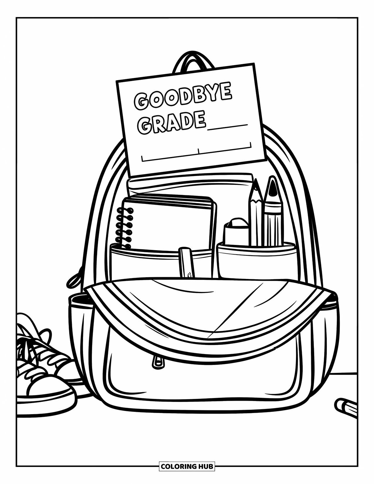 End Of School Year Coloring Page for Kids: A cute backpack scene with a goodbye note for the school year