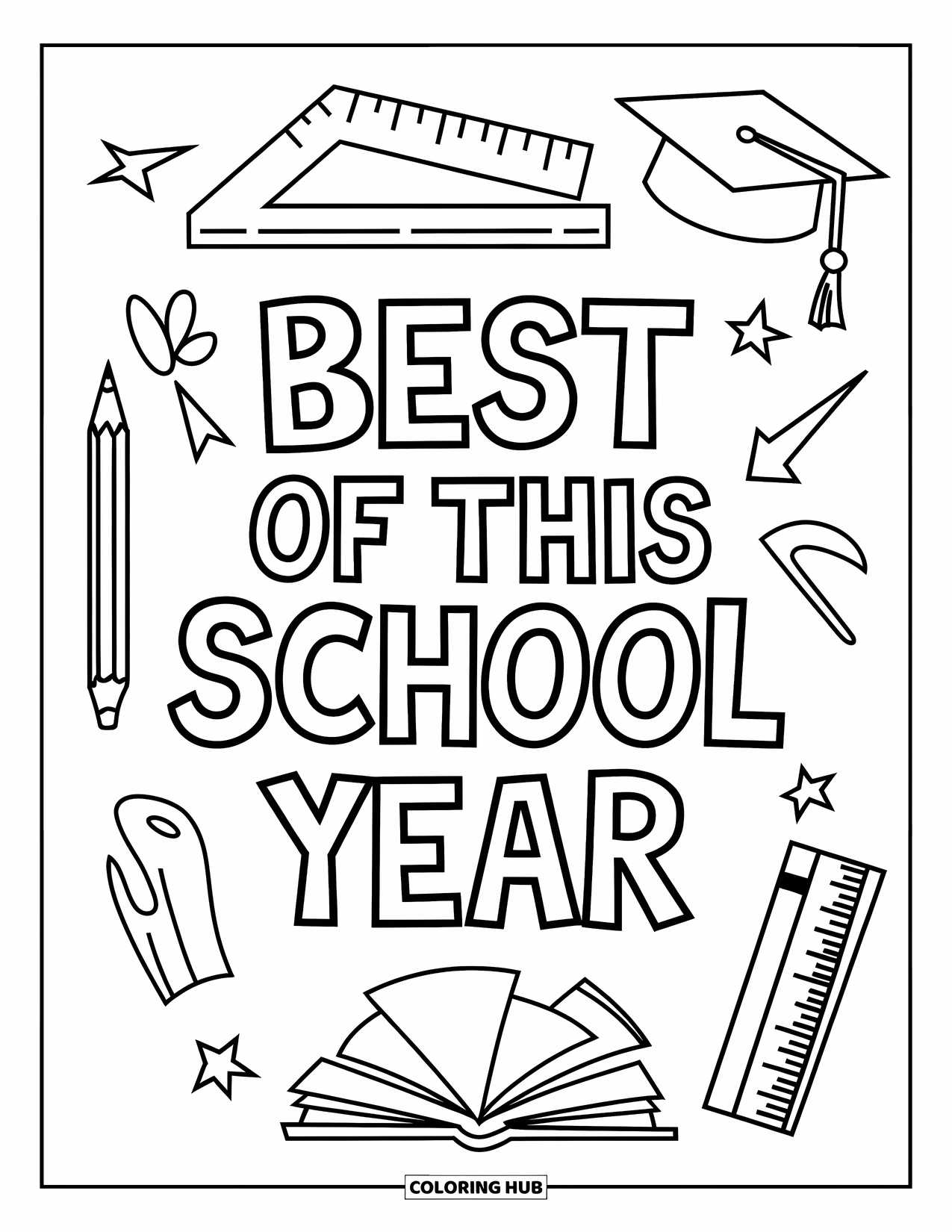 End Of School Year Coloring Page for Kids: A fun memory book surrounded by pencils, books, and a ruler