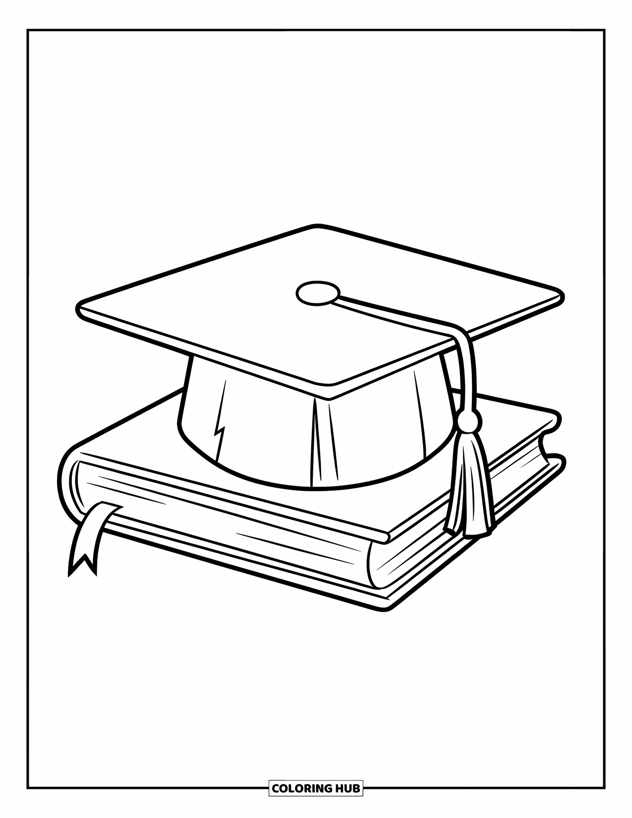 End Of School Year Coloring Page for Kids: A graduation cap rests on top of a closed book