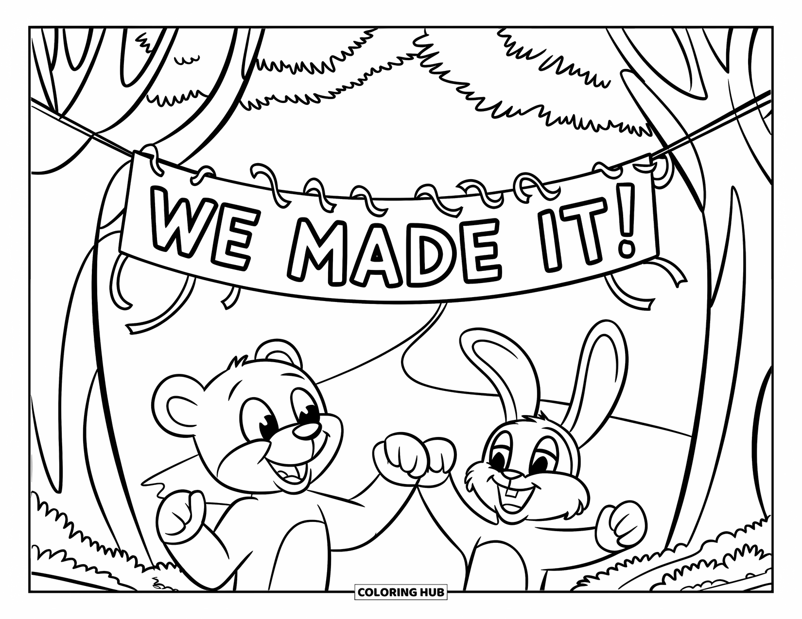 End Of School Year Coloring Page for Kids: A happy forest scene with animals cheering under a "We Made It!" banner