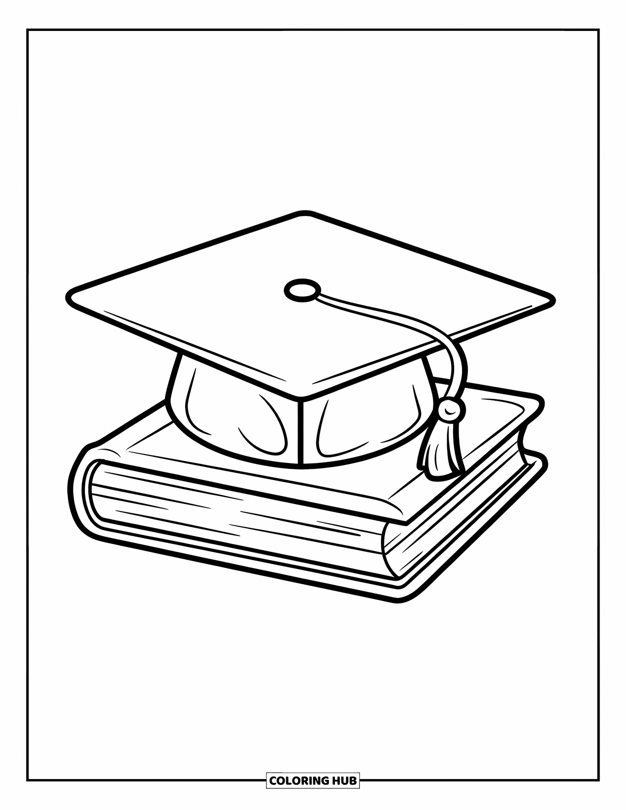 End Of School Year Coloring Page for Kids: A neat graduation cap sits on a closed book waiting for summer