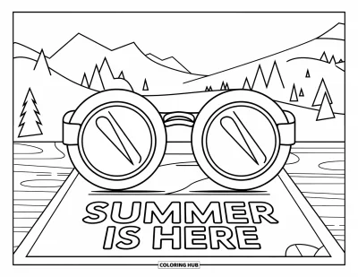 Kouluvuoden päätösvärityskuva lapsille: Aurinkolasit lepäävät paperilla, jonka otsikko on "Summer is Here"
