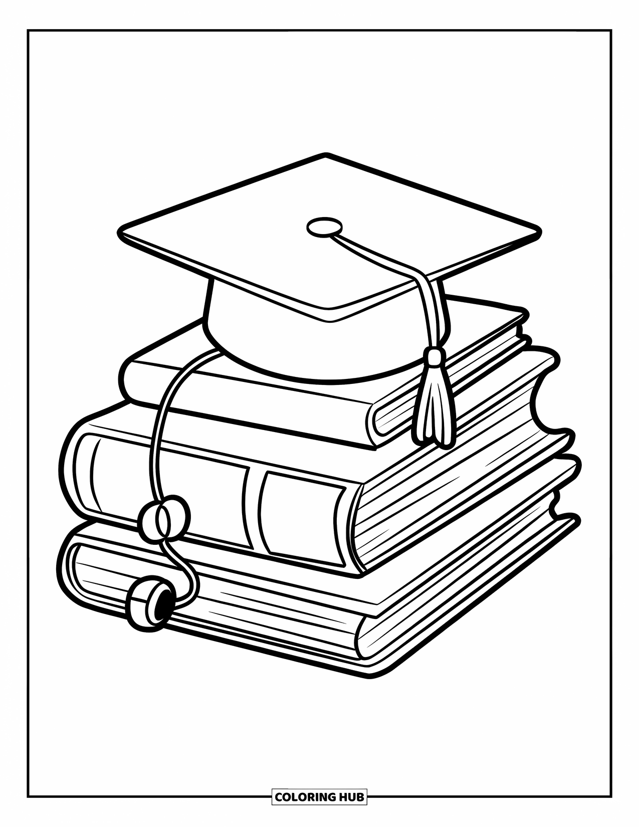 End Of School Year Coloring Page for Kids: A pile of schoolbooks with a cap and dangling earbuds