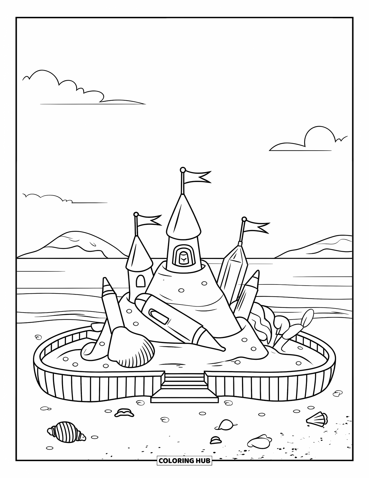 End Of School Year Coloring Page for Kids: A playful sandcastle with school supplies as towers and flags
