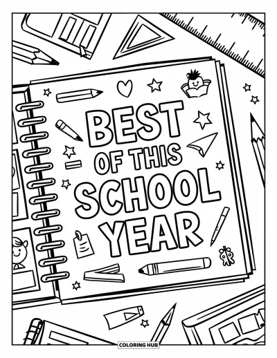 Kouluvuoden päätösvärityskuva lapsille: Muistelukirjan kansi nimeltä "Best of This School Year" kouluaiheisine piirroksineen