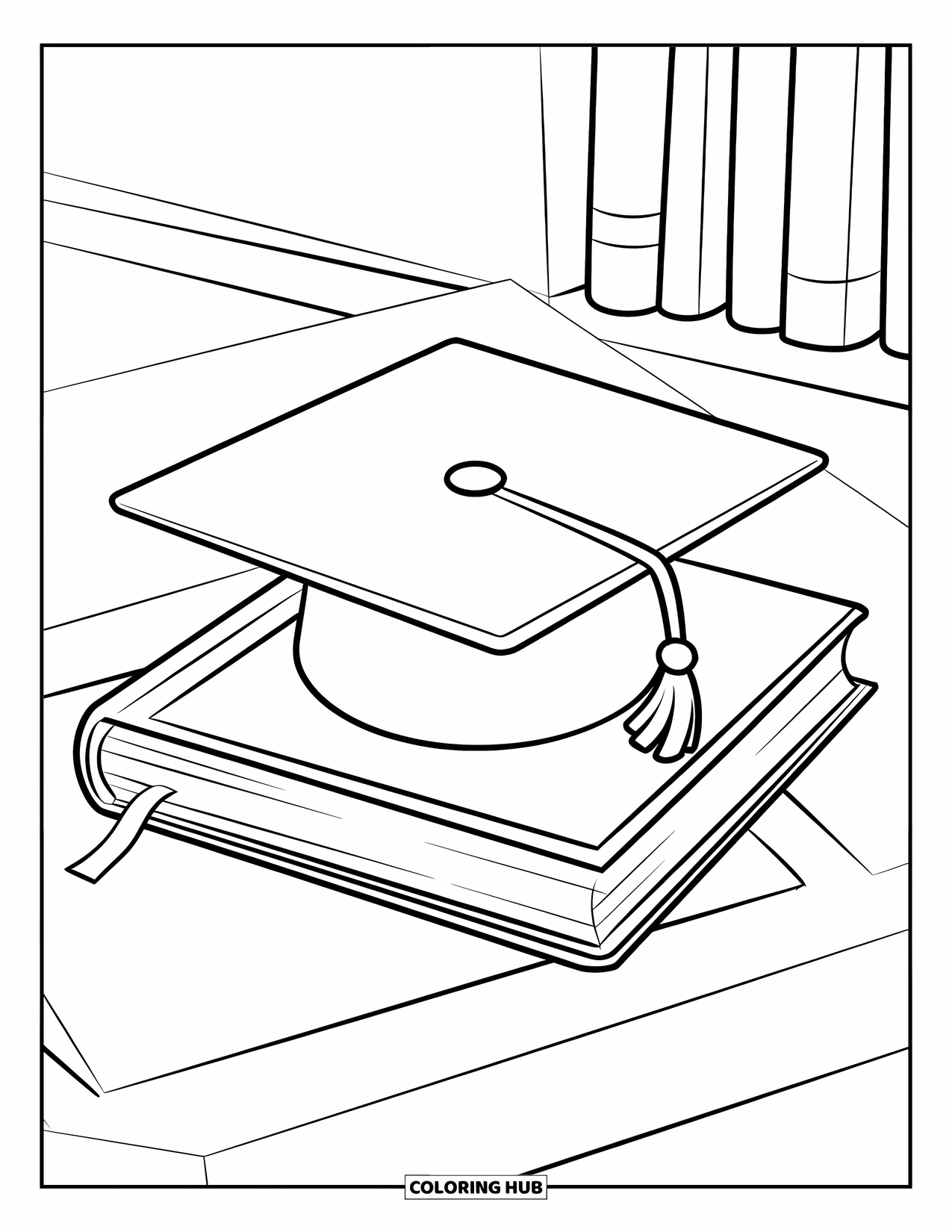 End Of School Year Coloring Page for Kids: A simple graduation cap sits proudly on a single book