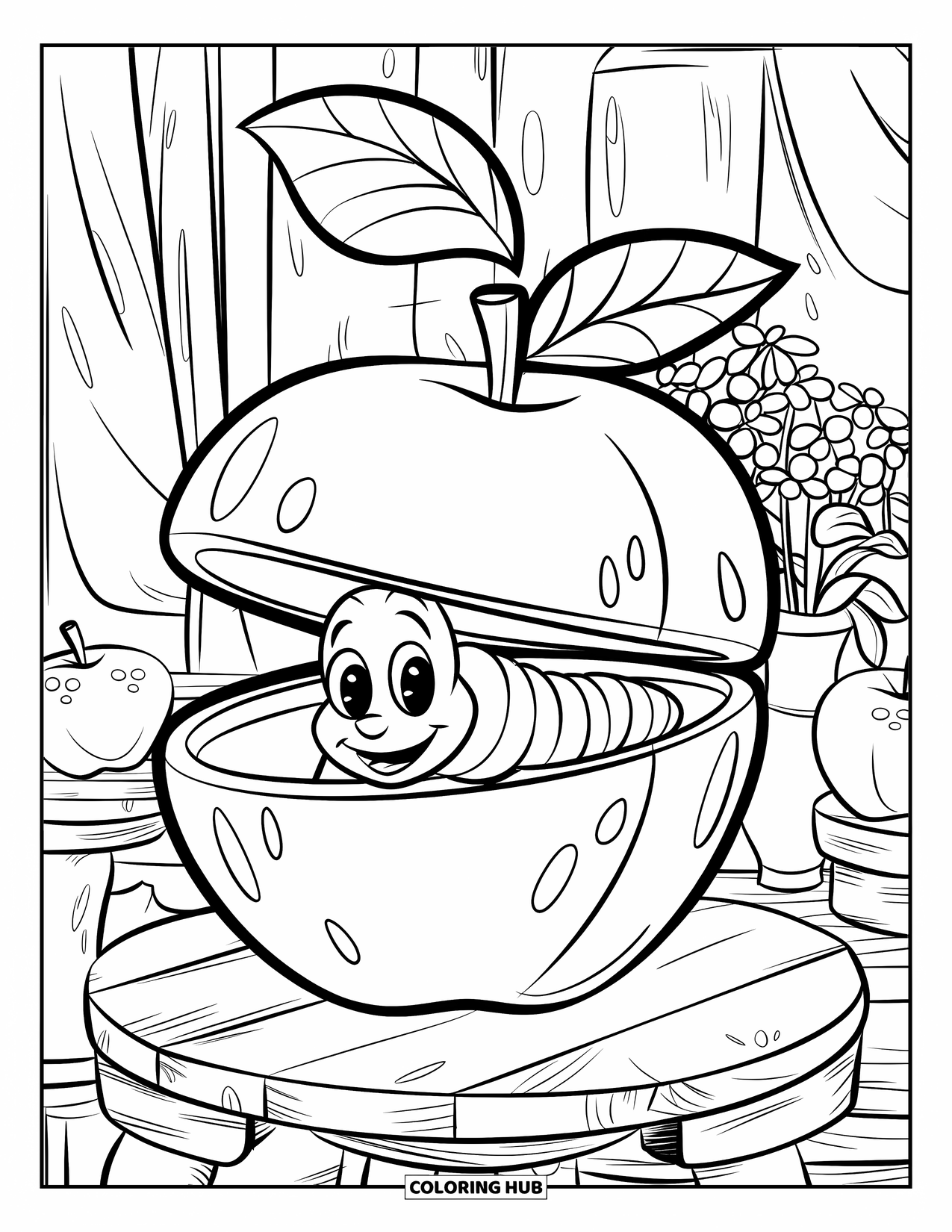 End Of School Year Coloring Page for Kids: A smiling worm peeks from an apple on a sunny windowsill