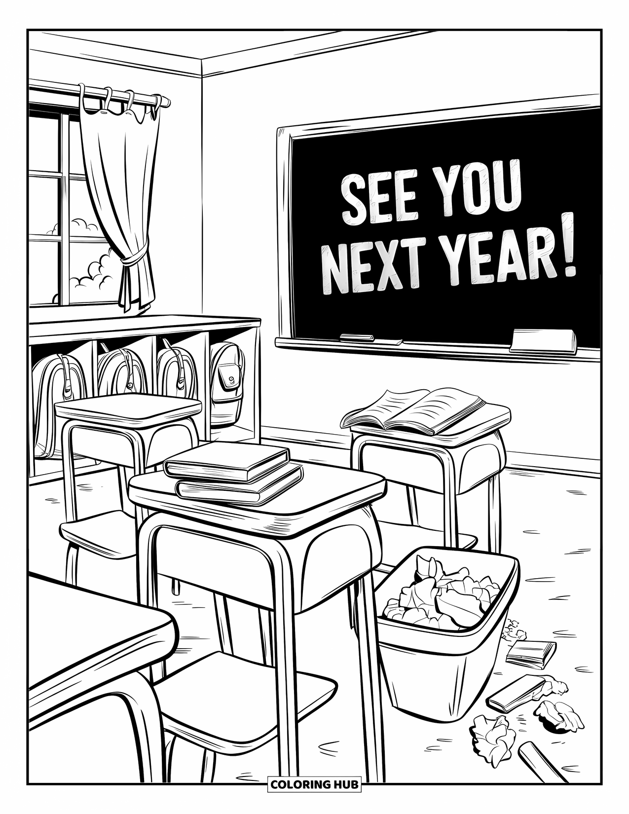 End Of School Year Coloring Page for Kids: A sweet goodbye classroom scene with backpacks and sunlight