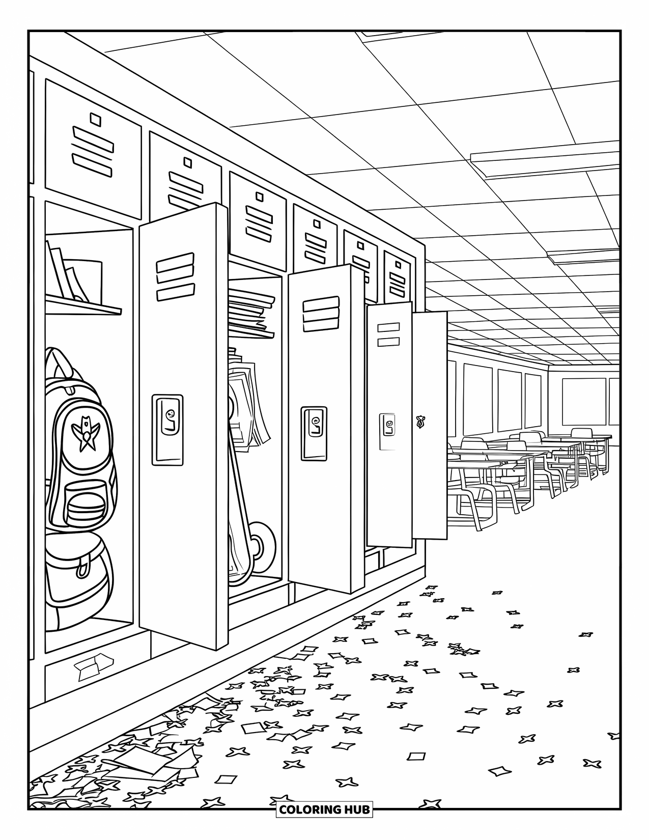 End Of School Year Coloring Page for Kids: Lockers and confetti fill a cheerful school hallway on the last day