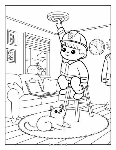 Disegno di pompiere da colorare per adulti: Un pompiere sorridente controlla un rilevatore di fumo mentre un gatto osserva da sotto