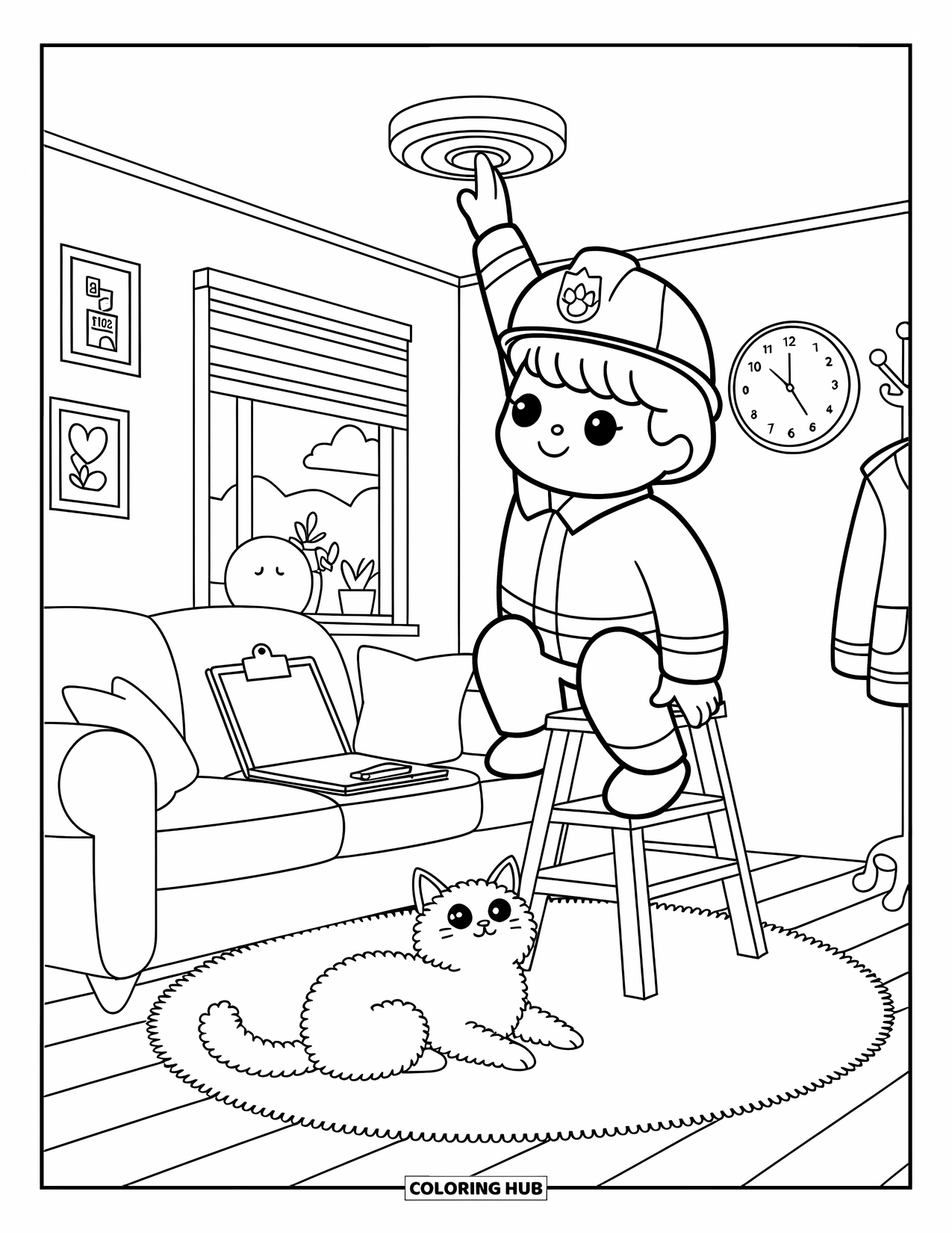 Fireman Coloring Page for Adults: A cheerful firefighter checks a smoke detector as a cat watches below