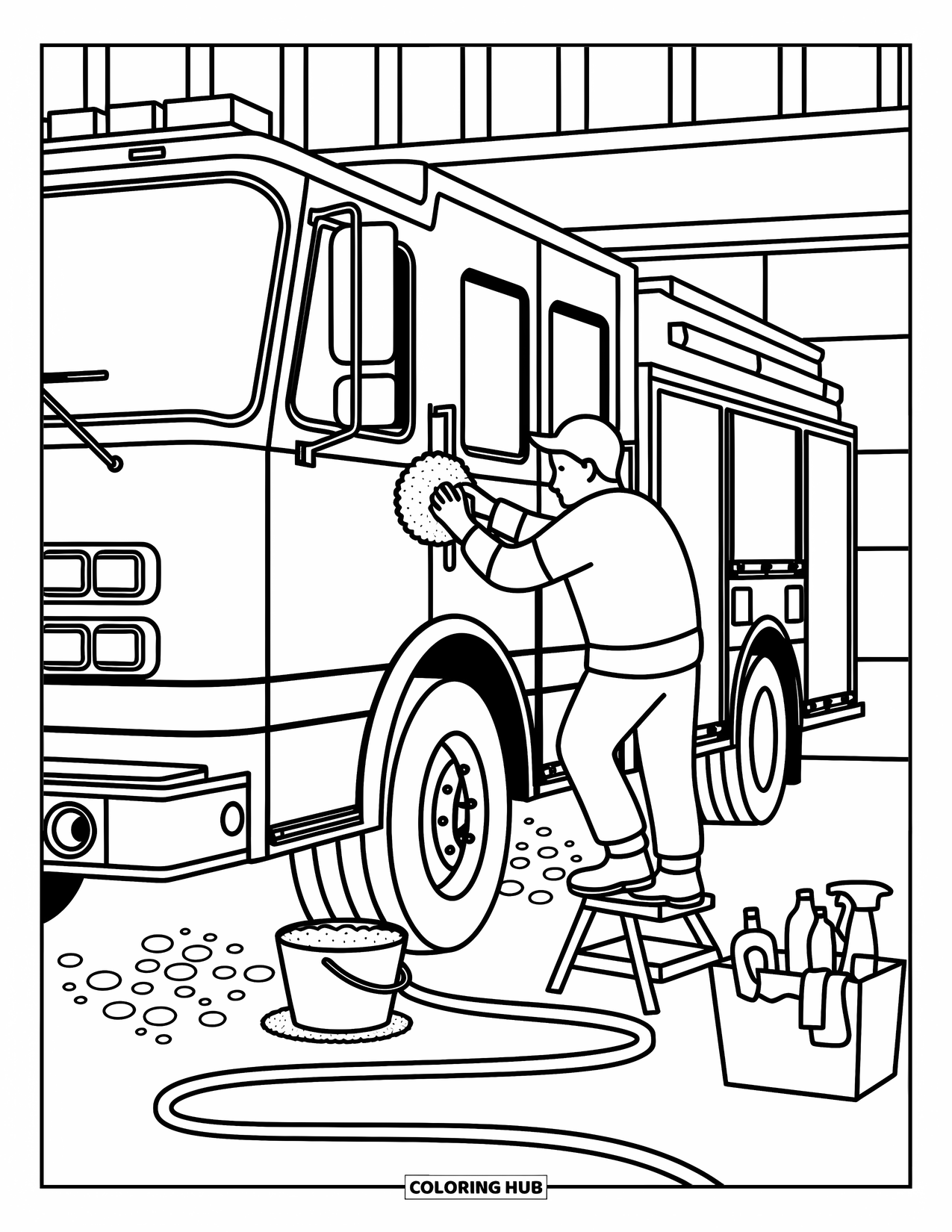 Fireman Coloring Page for Adults: A cheerful firefighter scrubs the fire truck under the afternoon sun