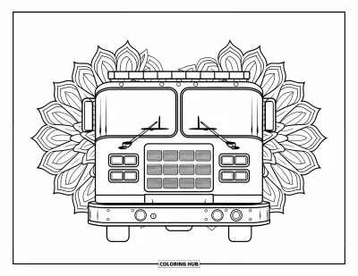 Disegno di pompiere da colorare per adulti: Un camion dei pompiere circondato da eleganti mandala floreali per un disegno rilassante