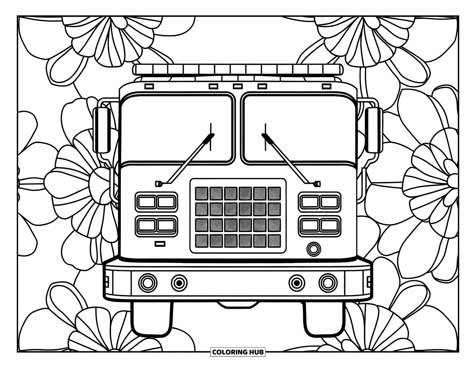 Fireman Coloring Page for Adults: A fire truck's front view framed by detailed flower mandalas