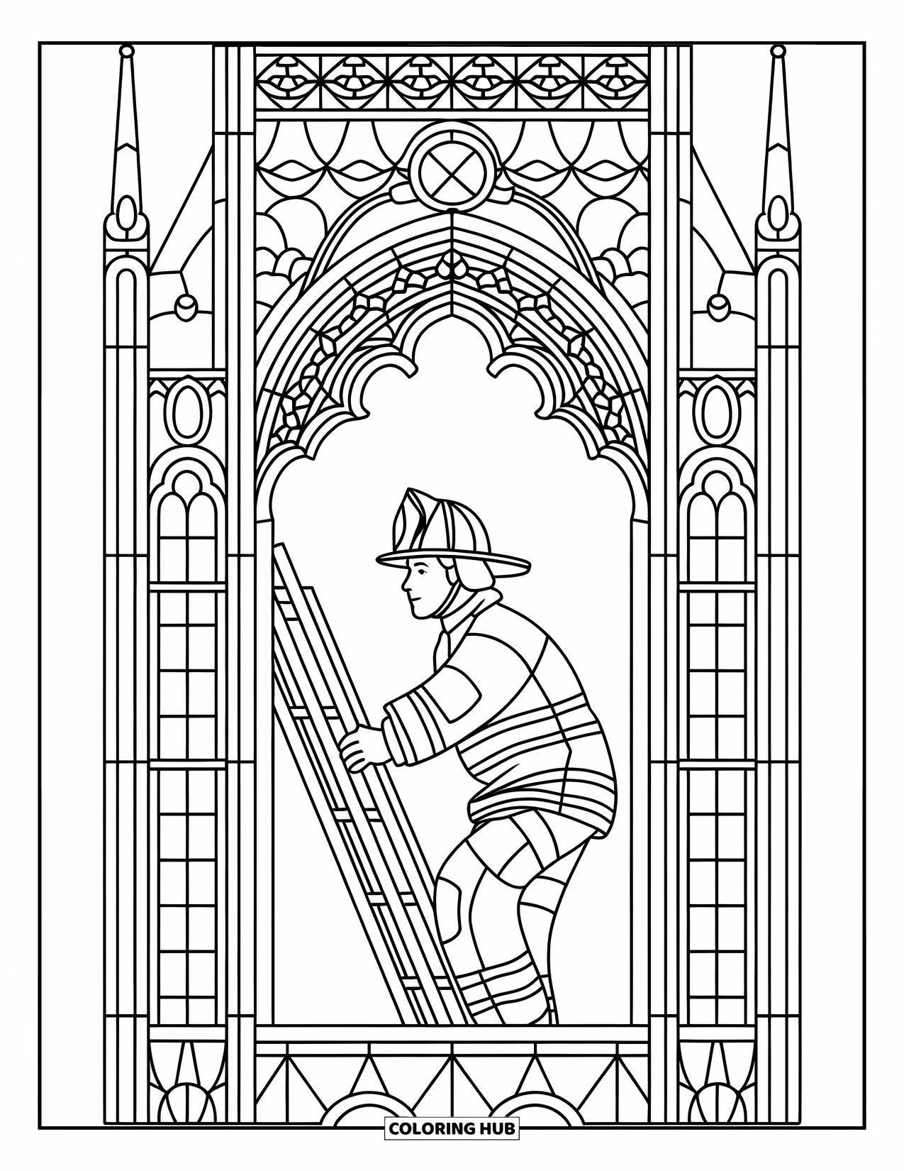 Fireman Coloring Page for Adults: A firefighter ascends a ladder framed by intricate stained glass shapes