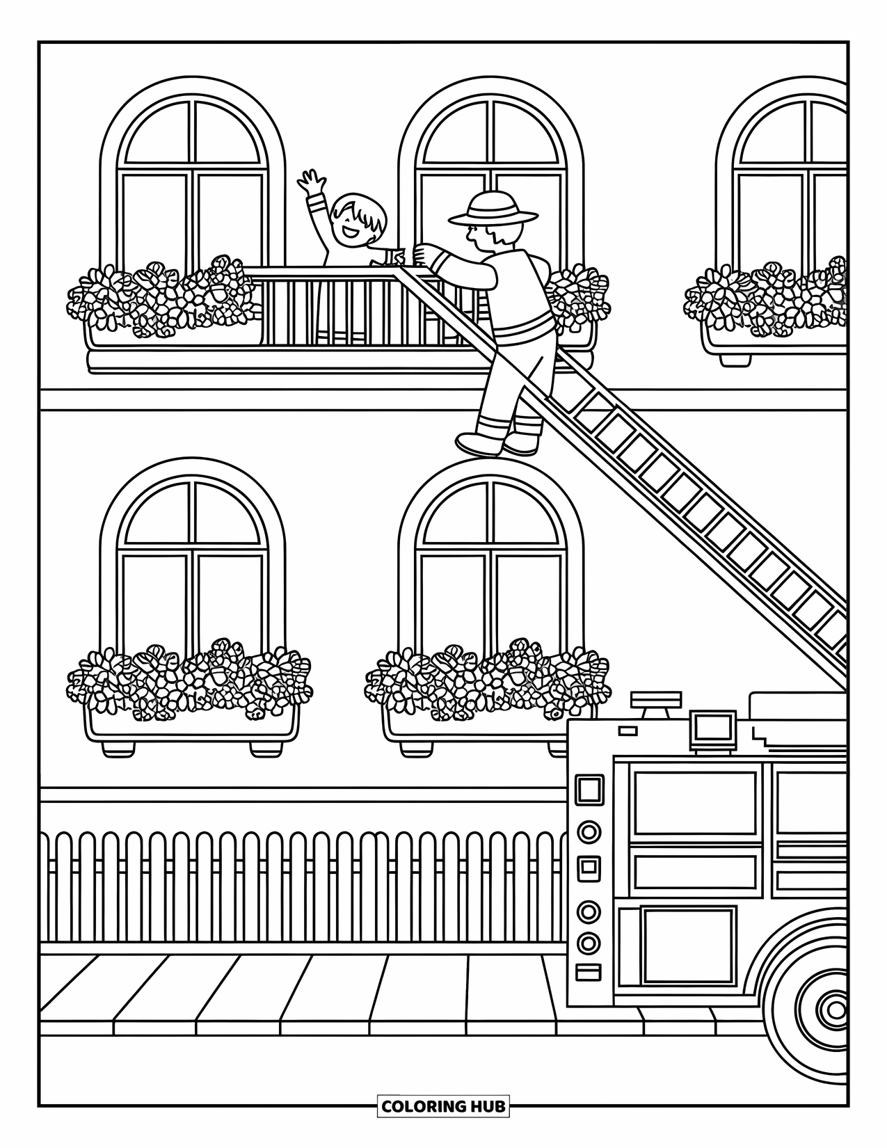 Fireman Coloring Page for Adults: A firefighter ascends a ladder toward a smiling child on the balcony