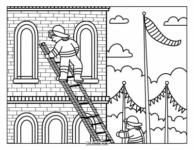 Disegno di pompiere da colorare per adulti: Un pompiere scende con attenzione da una scala a corda da una torre di addestramento