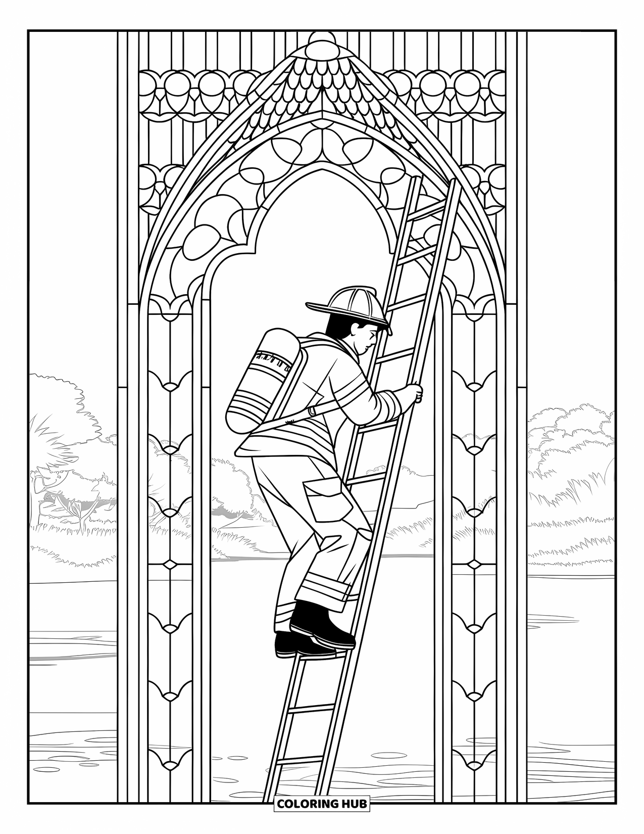 Fireman Coloring Page for Adults: A firefighter climbs a ladder inside a tower of stained glass designs