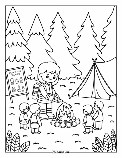 Disegno di pompiere da colorare per adulti: Un pompiere mostra con dolcezza la sicurezza del fuoco da campo a dei bambini curiosi