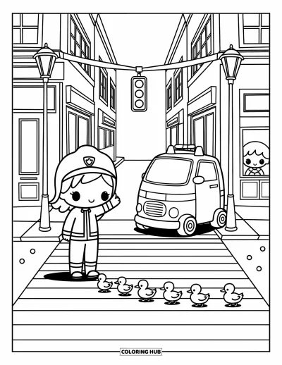 Disegno di pompiere da colorare per adulti: Un pompiere ferma il traffico per far attraversare in sicurezza degli anatroccoli