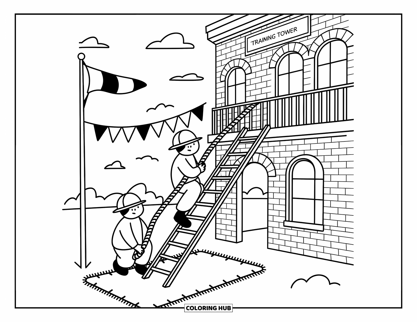 Fireman Coloring Page for Adults: A firefighter practices ladder drills beside a windsock and safety flags