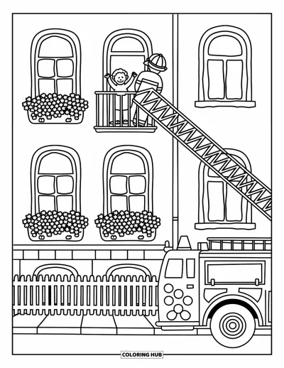 Disegno di pompiere da colorare per adulti: Un pompiere raggiunge un bambino sorridente sul balcone soleggiato di un condominio