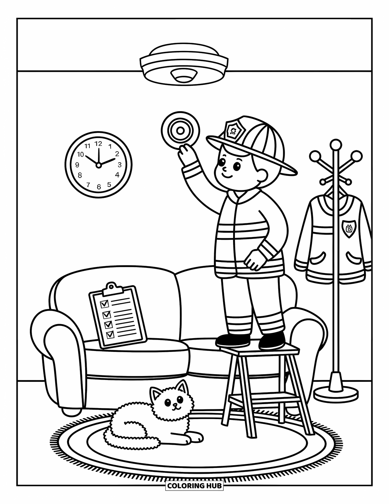 Fireman Coloring Page for Adults: A firefighter reaches up to press a smoke alarm button in a cozy room
