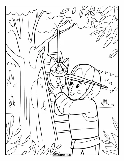 Disegno di pompiere da colorare per adulti: Un pompiere salva un gattino da un albero incorniciato da foglie sinuose