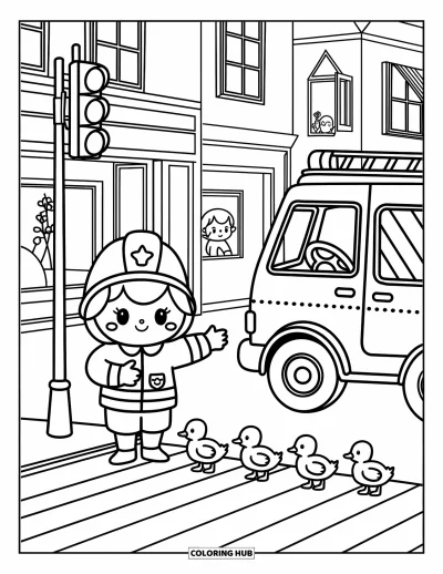 Disegno di pompiere da colorare per adulti: Un pompiere sorride mentre gli anatroccoli attraversano la strada