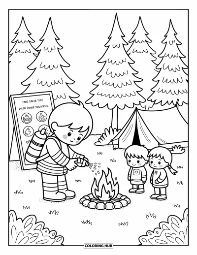 Disegno di pompiere da colorare per adulti: Un pompiere spegne un fuoco da campo mostrando ai bambini come stare al sicuro