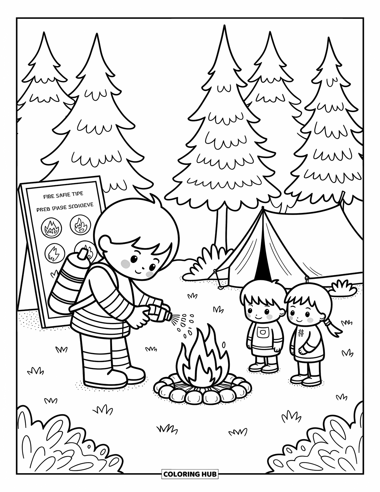 Fireman Coloring Page for Adults: A firefighter sprays a campfire while showing kids how to stay safe