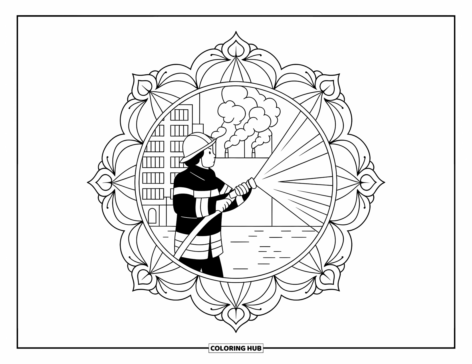Fireman Coloring Page for Adults: A firefighter sprays water near a smoky building framed by mandalas
